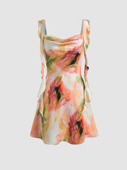 Satin Ruched Ruffle Hem Mini Dress