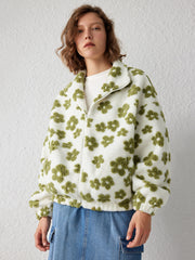 Zip Front Floral Sherpa Fleece Jacket