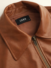 Faux Leather Collar Solid Pocket Zipper Jacket Vest