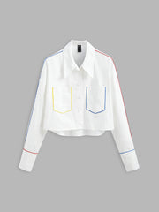 Collar Solid Pocket Long Sleeve Blouse