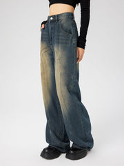 Mid Waist Washed Button Straight Leg Jeans