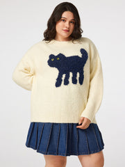Wool-blend Round Neckline Kitten Graphic Knitted Long Sleeve Top Curve & Plus