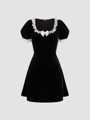 Velvet Square Neck Solid Bowknot Mini Dress
