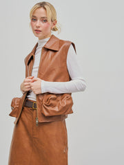 Faux Leather Collar Solid Pocket Zipper Jacket Vest