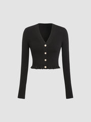 V-neck Solid Button Knitted Crop Top