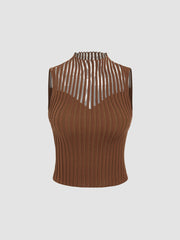 Solid Knit Stand Collar Ruffle Trim Tank Top