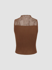 Solid Knit Stand Collar Ruffle Trim Tank Top
