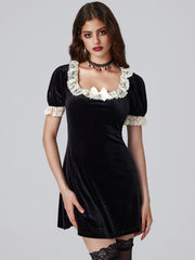 Velvet Square Neck Solid Bowknot Mini Dress