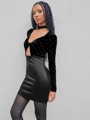 Velvet V-neck Solid Rhinestone Cut Out Mini Dress