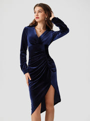 Velvet V-neck Solid Ruched Midi Dress