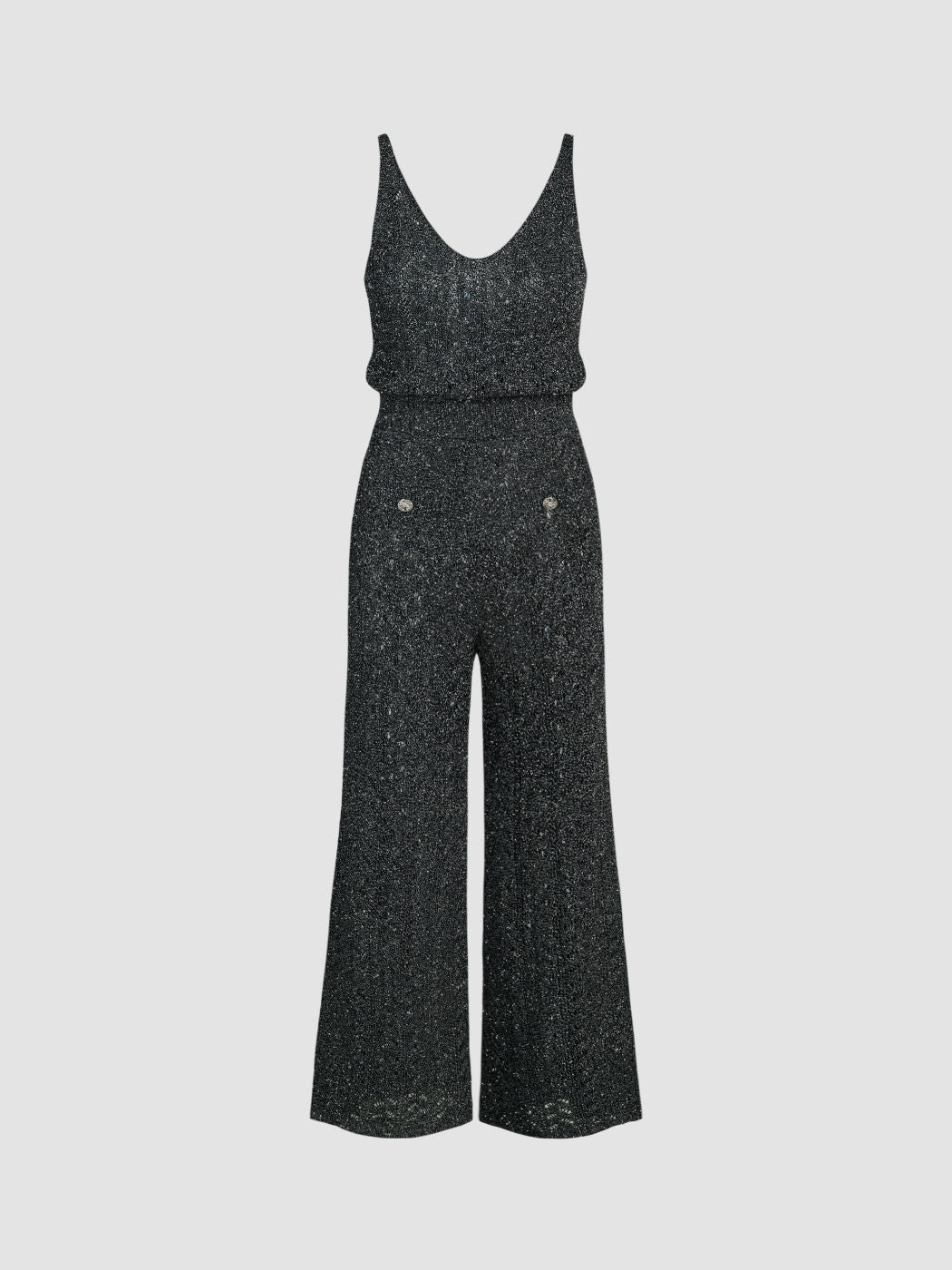 Metallic V-neck Hollow Out Button Knitted Jumpsuit