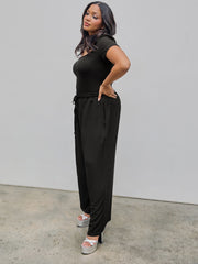 U-neckline Bodysuit & Elastic Waist Wide Leg Pants Set Curve & Plus