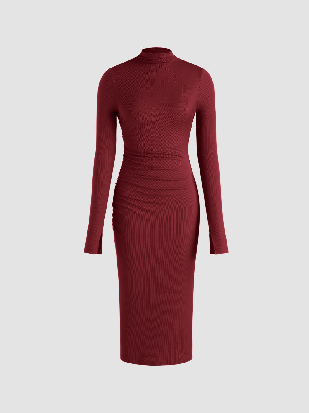 High Neck Solid Ruched Midi Dress