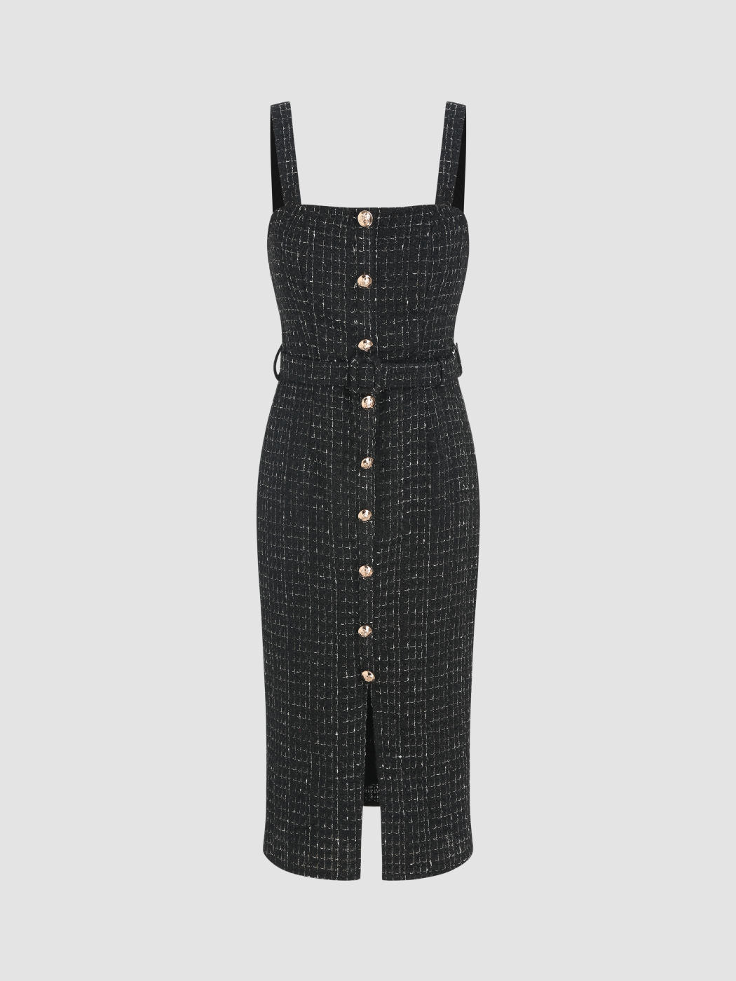 Tweed Square Neck Solid Button Midi Dress