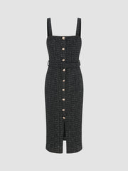 Tweed Square Neck Solid Button Midi Dress