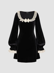 Velvet Scoop Neck Lace Bowknot Mini Dress