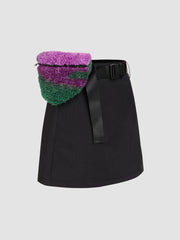 Solid Buckle Skirt With Fleece Waist Bag