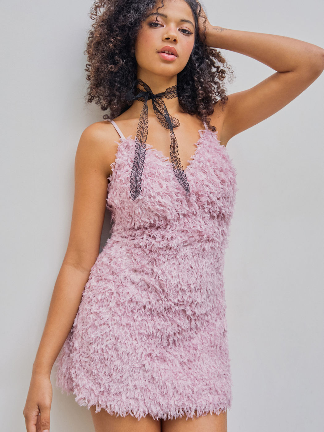 V-neck Backless Feather Mini Dress