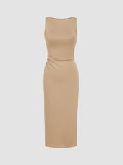 Jersey Solid Sleeveless Zipper Midi Dress