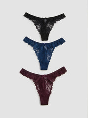 3pcs Floral Lace Mid Waist Thong