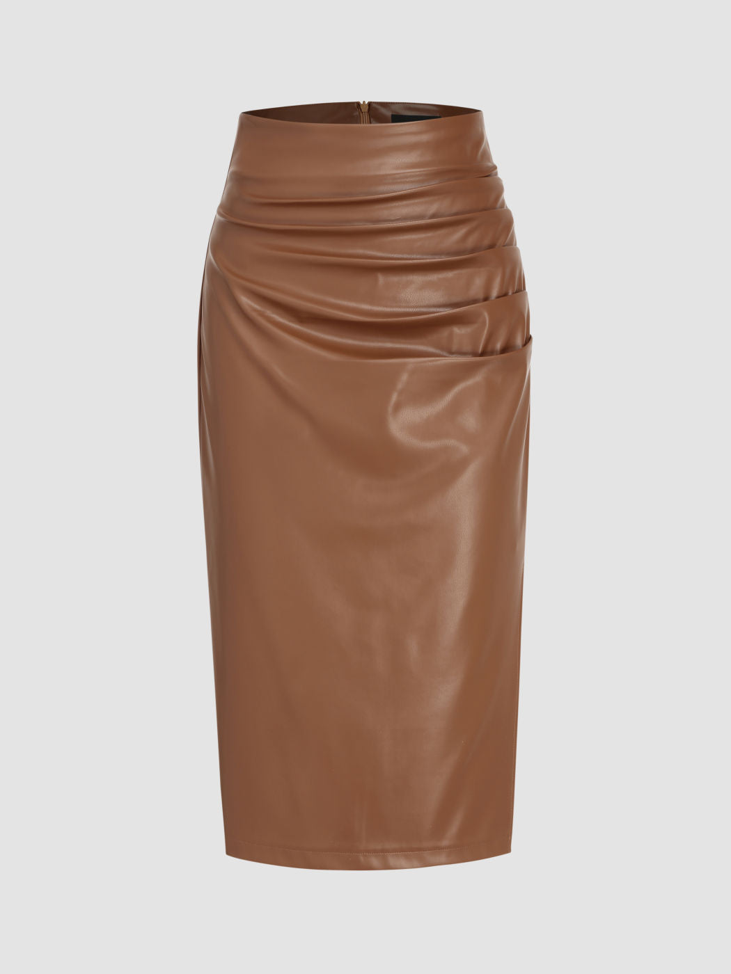 Faux Leather Mid Waist Ruched Midi Skirt