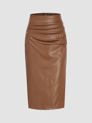 Faux Leather Mid Waist Ruched Midi Skirt