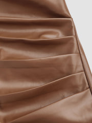 Faux Leather Mid Waist Ruched Midi Skirt