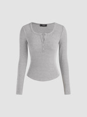 Solid Rib V-neck Long Sleeve Tee
