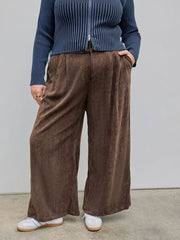 Corduroy High Waist Solid Pleated Wide Leg Trousers Curve & Plus