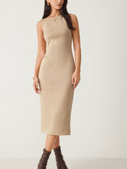 Jersey Solid Sleeveless Zipper Midi Dress