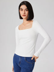 Square Neck Solid Long Sleeve Tee