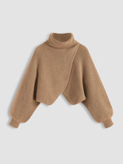 High Neck Solid Knitted Long Sleeve Crop Sweater & High Neck Ruched Midi Dress Set