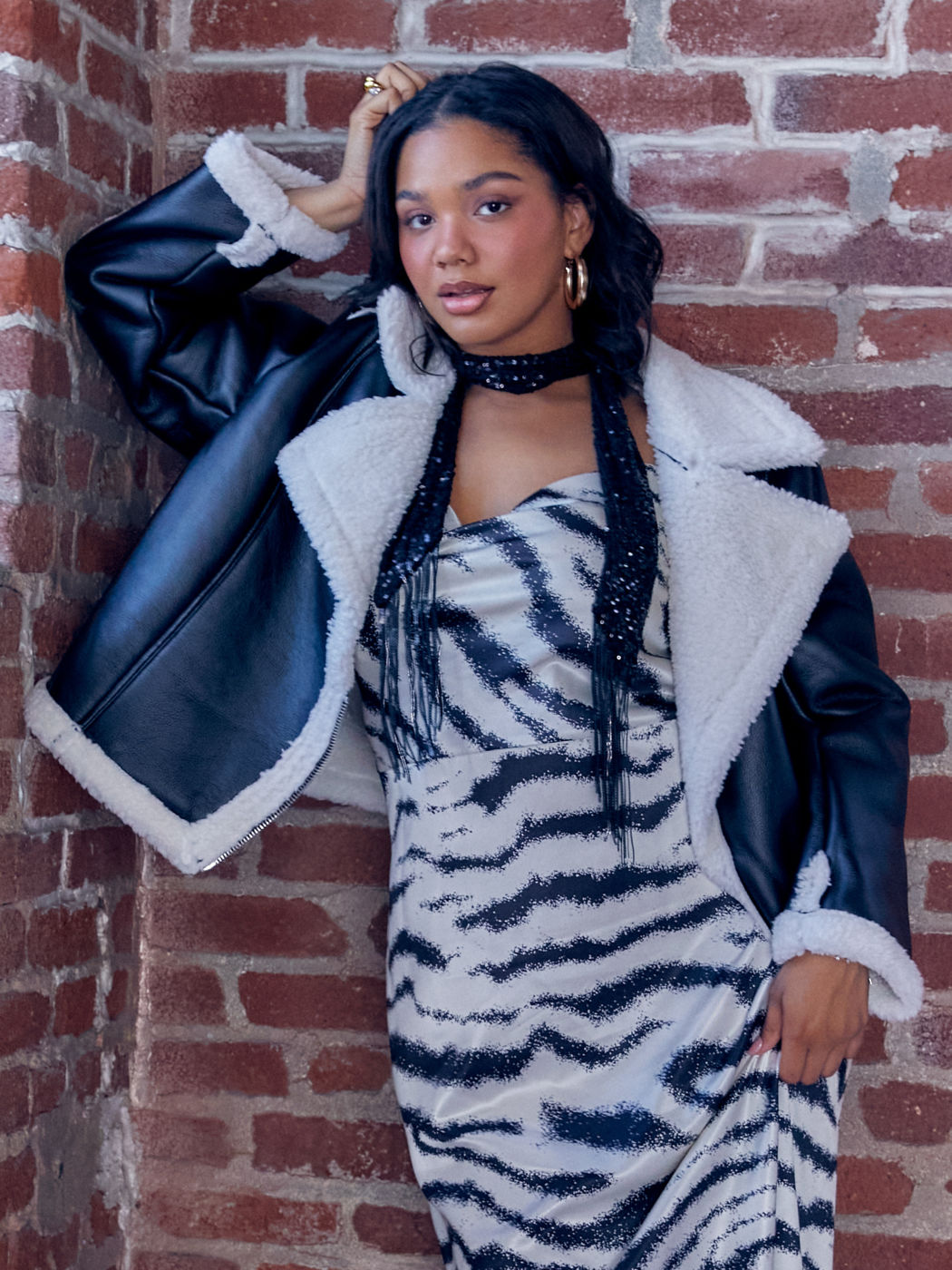 Fleece Drop Shoulder Zipper Biker Jacket Curve & Plus