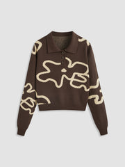 Collar Button Floral Knitted Top