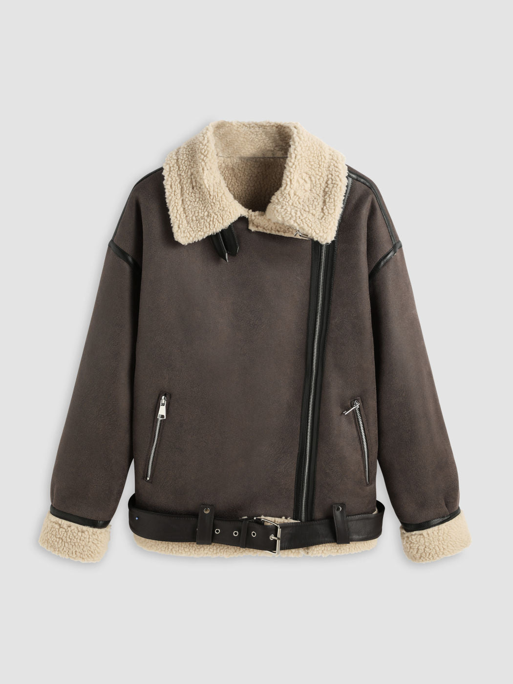 Faux Shearling Biker Jacket With Belt