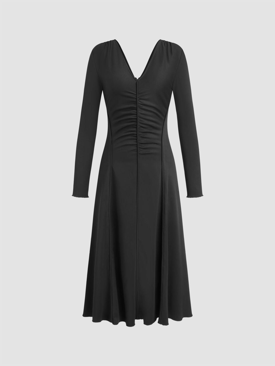 V-neck Solid Knitted Ruffle Midi Dress