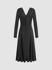 V-neck Solid Knitted Ruffle Midi Dress