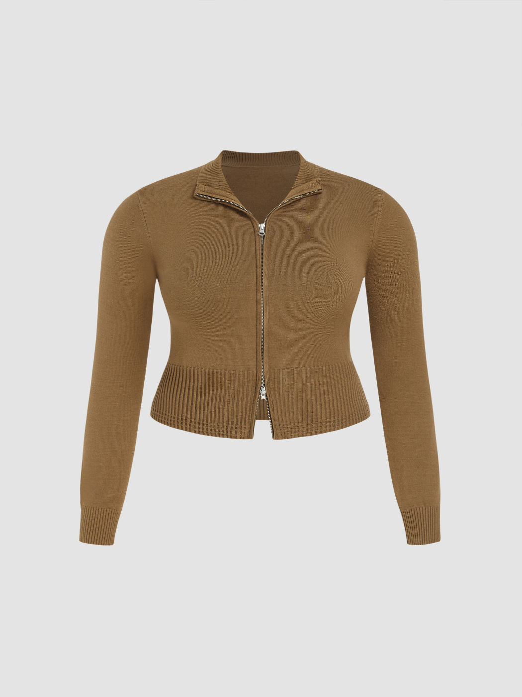 High Neck Solid Zipper Knitted Cardigan Curve & Plus