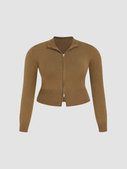 High Neck Solid Zipper Knitted Cardigan Curve & Plus