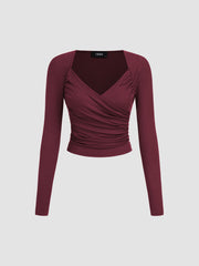 V-neck Solid Long Sleeve Top & Mid Rise Solid Ruched Maxi Skirt