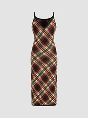 V-neck Plaid Knitted Midi Dress