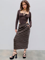 Faux Leather Texture Elastic Waist Maxi Skirt