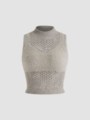 High Neck Solid Hollow Out Knitted Crop Tank Top
