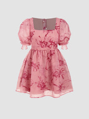 Woven Floral Bowknot Babydoll Mini Dress