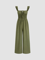 Ruffle Hem Knotted Shirred Wide Leg Jumpsuit