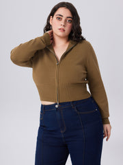 High Neck Solid Zipper Knitted Cardigan Curve & Plus