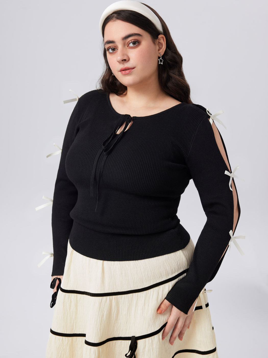 Jacquard Round Neck Bowknot Knit Long Sleeve Top Curve & Plus