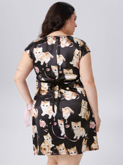 Satin V-neck Cat Bowknot Mini Dress Curve & Plus