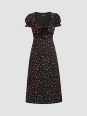 Square Neck Floral Bowknot Puff Sleeve Midi Dress