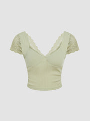 V-neck Lace Hem Crop Top